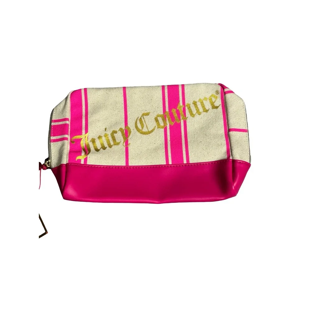Juicy Couture Pink Striped Canvas Makeup Bag Gold Glitter Logo NWT Large